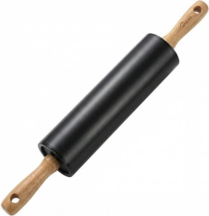 Stainless steel rolling pin by Tansucc, with wooden comfortable handle, non stick rolling pin for baking pastries, bread, and pizza.
