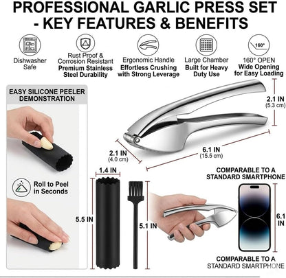 TAHINO Stainless Steel Garlic Press – Heavy Duty Manual Garlic Crusher & Mincer, Ergonomic Handheld Garlic Press Tool for Kitchen, Easy Squeeze & Durable Garlic Crusher