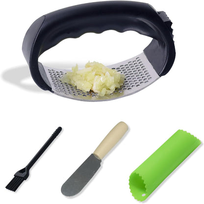 Stainless Steel Garlic Press Rocker Set - Heavy Duty Garlic Mincer, Crusher & Chopper with Silicone Peeler, Scraper & Cleaning Brush - Effortless Smasher and Grinder Tool for Easy Kitchen Prep (Green)