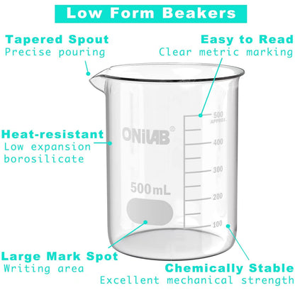 ONiLAB Glass Measuring Beaker Set 50ml 100ml 250ml 500ml 1000ml(Pack of 5) 3.3 Boro Griffin Low Form with Printed Graduation Scientific Glassware for Laboratories, Classrooms or Home Use