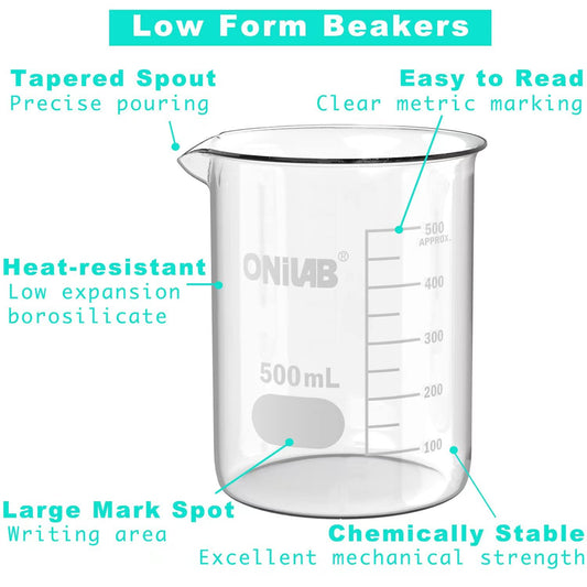 ONiLAB Glass Measuring Beaker Set 50ml 100ml 250ml 500ml 1000ml(Pack of 5) 3.3 Boro Griffin Low Form with Printed Graduation Scientific Glassware for Laboratories, Classrooms or Home Use
