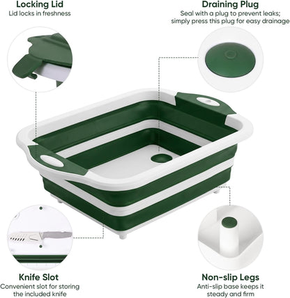 Collapsible BBQ Prep Tub with Lid, Foldable Camping Sink with Colander, Cutting Board, Dish Basin for Kitchen, Bowl, Vegetable and Fruit, Storage Basket for Picnic-Green