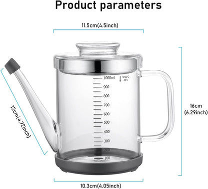 Gravy Fat Separator,1000ML Transparent Heat Resistant Glassware and Cover,with Stainless Steel Strainer,Silicone Bottom Cover and Stopper,