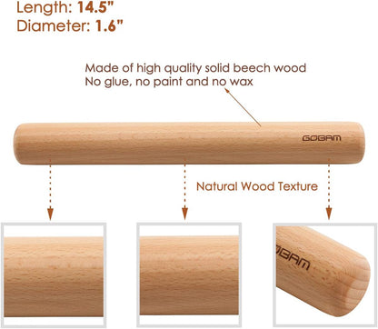 GOBAM Wood Rolling Pin, Small - Dough Roller for Pasta, Cookies, Pie, Pizza, Chapati, Fondant, Rolling Pins for Baking, Bread Making Tools and Supplies - 11 x 1.38 Inches