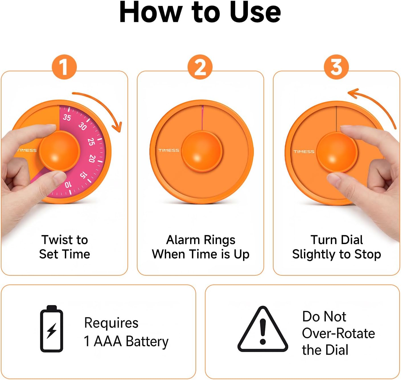 60-Minute Visual Timer, Twist to Set, Loud Battery-Powered Alarm, High-Visibility Rotary Countdown Dial for Kitchen, Work, Study & Time Management (Orange)
