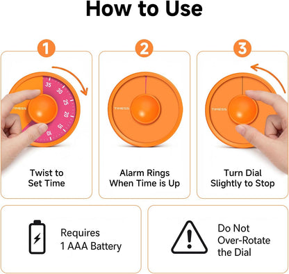 60-Minute Visual Timer, Twist to Set, Loud Battery-Powered Alarm, High-Visibility Rotary Countdown Dial for Kitchen, Work, Study & Time Management (Orange)