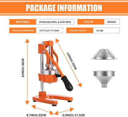 Commercial Heavy Duty Cast Iron Hand Press Manual Orange Citrus Lemon Lime Grapefruit Pomegranate Fruit Juice Squeezer Machine with Stainless Steel Cup