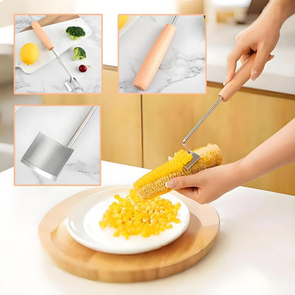 Corn Kernel Remover Combo Set - Stainless Steel Corn Stripper Pliers & Wooden Handle Scraper | Quick Effortless Corn Peeler Tools for Kitchen, BBQ, Canning | Dishwasher Safe & Ergonomic Design