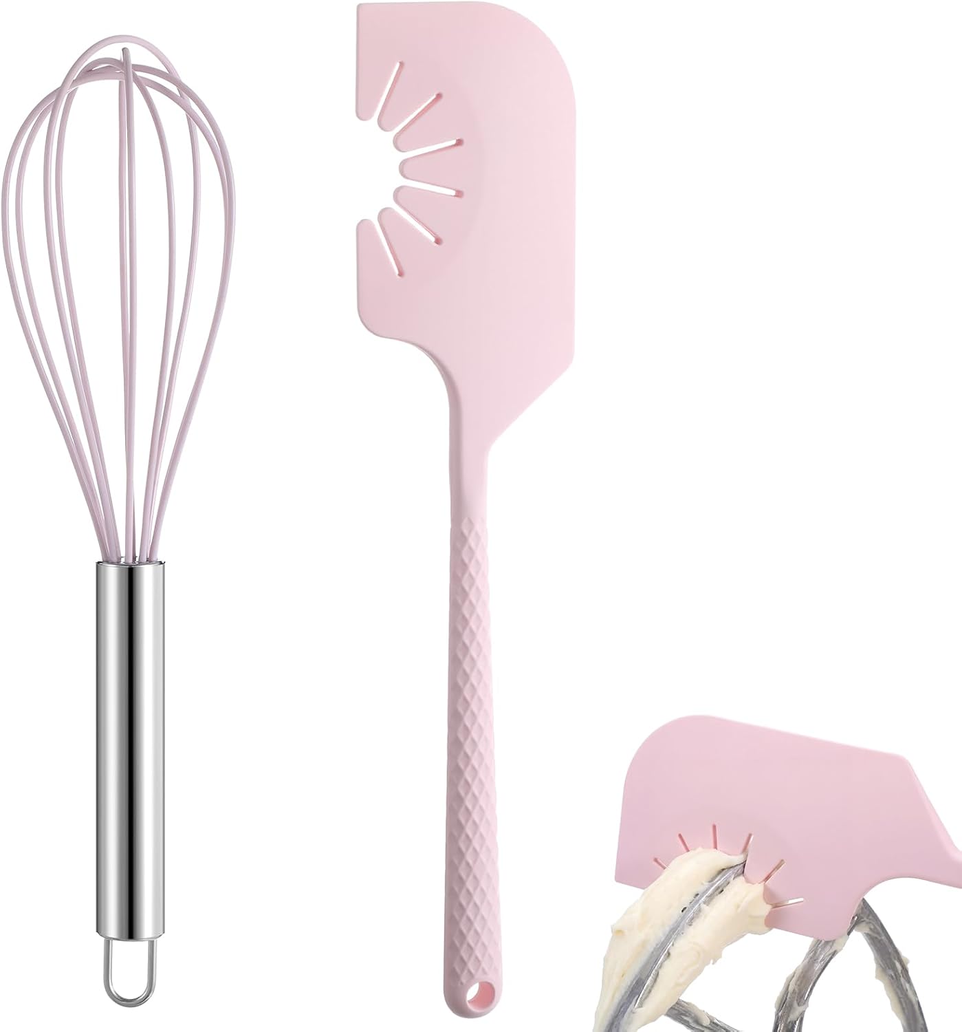 Didaey 2 Pack Silicone Kitchen Utensils - 12'' Silicone Spatula Scraper & Whisk, Compatible with Flat Beaters, Hand Mixer Beaters, Whisks, Dough Hooks for Baking, Mixing, Scraping(Pink)