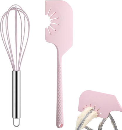 Didaey 2 Pack Silicone Kitchen Utensils - 12'' Silicone Spatula Scraper & Whisk, Compatible with Flat Beaters, Hand Mixer Beaters, Whisks, Dough Hooks for Baking, Mixing, Scraping(Pink)