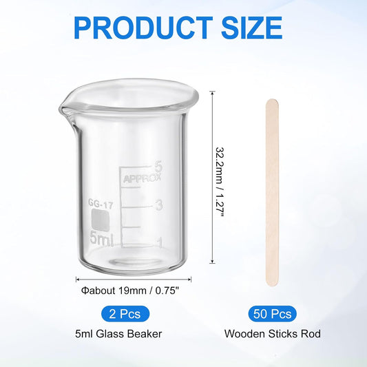 PATIKIL 250ml Glass Beaker, 2 Pack Measuring Glass Beaker Graduated Borosilicate Lab Cups Mug Low Form Heat Safe Transparent with 50pcs Wood Sticks for Laboratory Science Kitchen Liquids