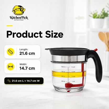 Fat Separator 1000ml with Bottom Release – Gravy & Grease Separator with Strainer for Easy Pouring, Durable Kitchen Tool with Tea Infuser Included