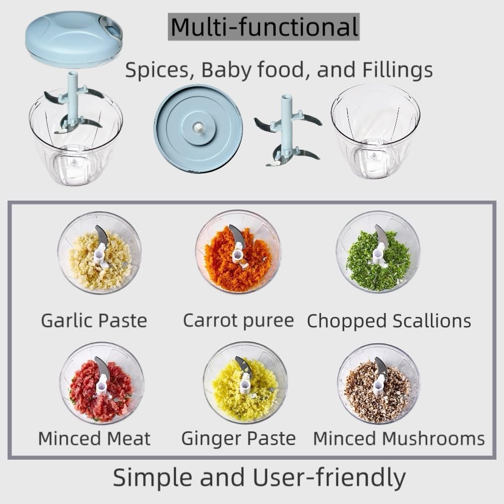 Food Chopper with Container – 900ml/30oz Manual Pull String Kitchen Cutter, 5 Stainless Steel Blades – Garlic, Onion, Vegetable, Meat & Baby Food Processor – BPA-Free Vegetable Fruit Chopper