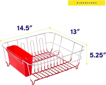 Dish Drying Rack & Cutlery Holder 2 Piece Set - Compact Sink-Fitting Dish Drainer with Rubberized Undercoating, Space-Saving Kitchen Organizer for Plates, Cups, Bowls & Utensils in Sink, Silver