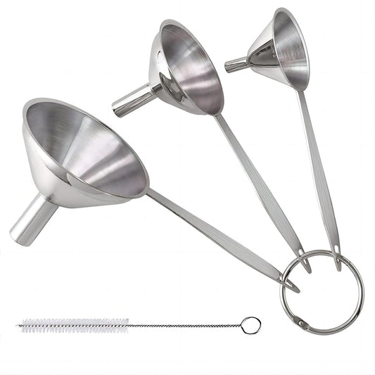 3 in 1 Metal Funnels for Filling Bottles Stainless Steel Small Kitchen Funnel Set for Transferring Essential Oils Liquid Fluid Spice Dry Ingredients Powder, Durable (‎Long-Handled Funnel)
