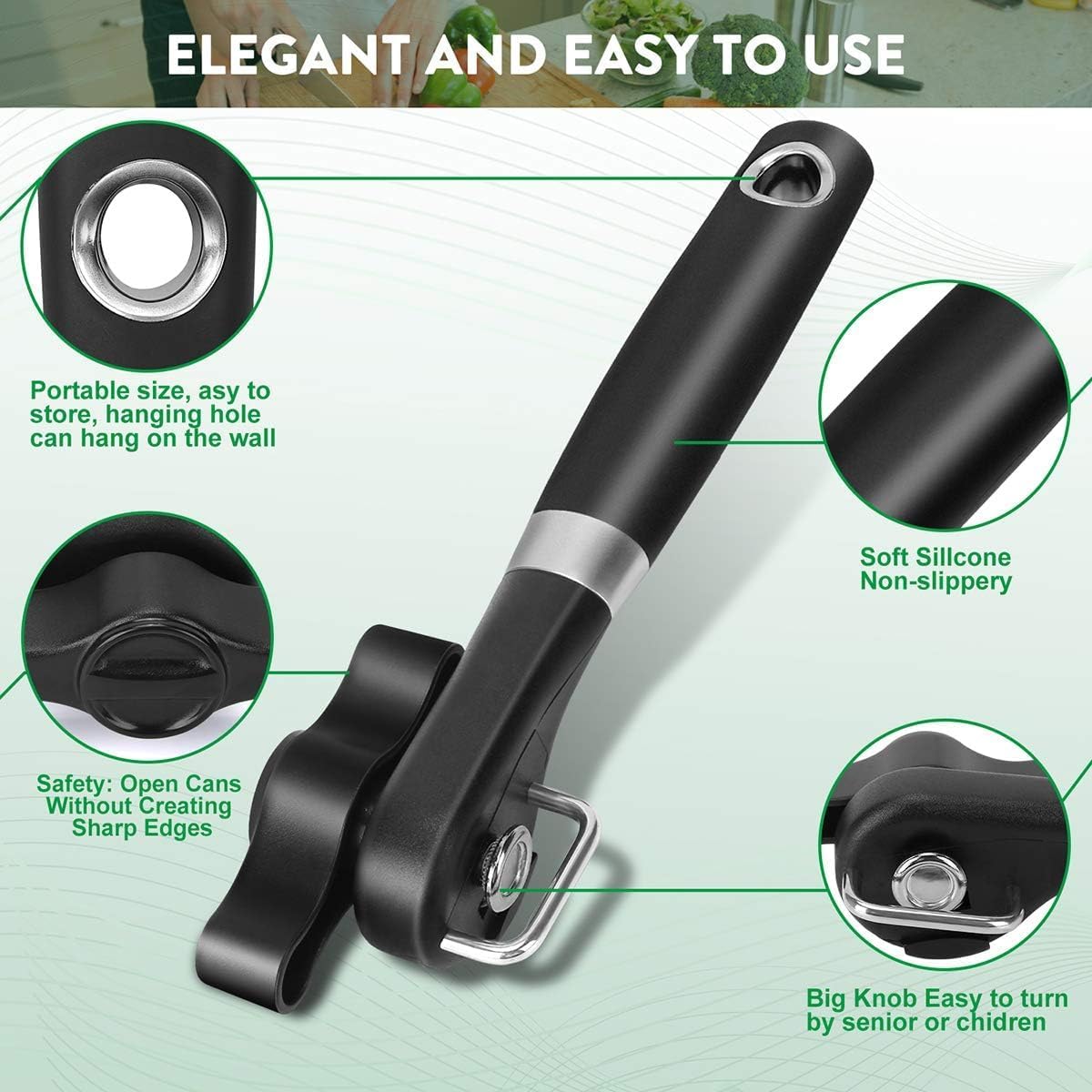 Side Cut Can Opener Smooth Edge, Safety Can Opener with Durable Sharp Blade, Big & Soft Turn Knob & Comfortable Non-Slip Handle, Black