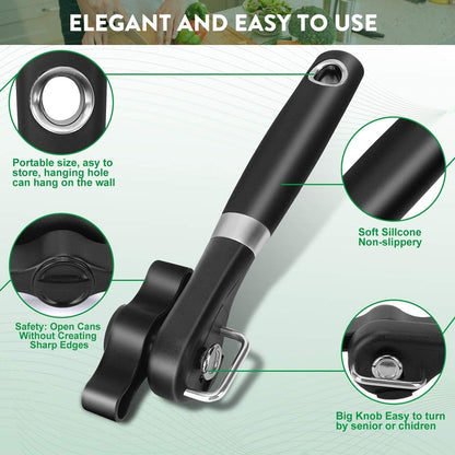 Side Cut Can Opener Smooth Edge, Safety Can Opener with Durable Sharp Blade, Big & Soft Turn Knob & Comfortable Non-Slip Handle, Black