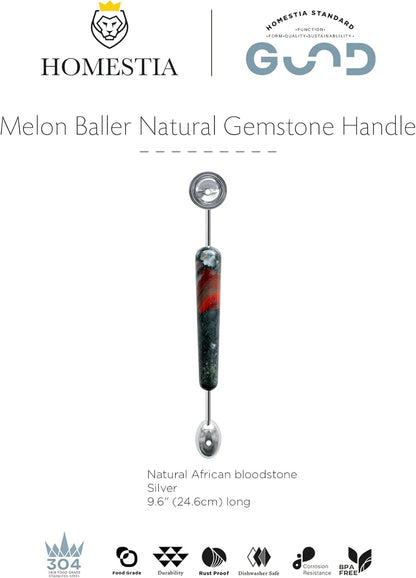 Homestia Double-Sided Stainless Steel Melon Baller - Fruit Ice Cream Scoop Spoon for Watermelon, Cantaloupe, Sorbet, Meatballs, 9.6 Inch with Gemstone Handle Icecream Melon Scooper