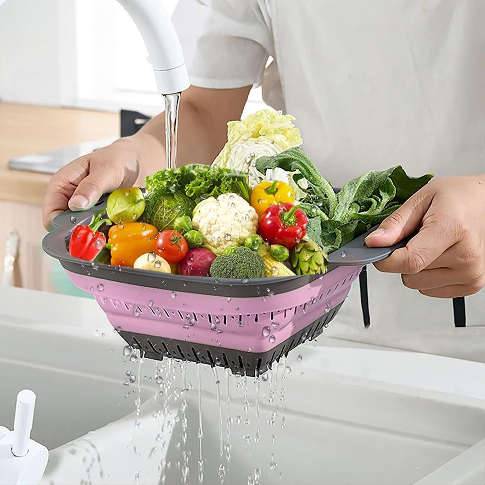 Collapsible Colander Set, Square Round Triangles Silicone Kitchen Strainer Perfect for Draining Pasta Vegetable fruit 2 PCS (10.8"L x 8.6"W x 2"H, Blue & Gray)