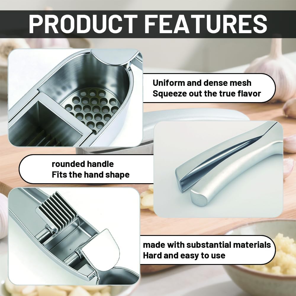 Garlic Press and Slicer 2-in-1,Multifunctional Garlic Slicing & Mincer with Cleaning Brush, Effortlessly Crush and Mince with This Ergonomic Handle-Garlic,Dishwasher Safe,Aluminum Alloy,Kitchen Tool