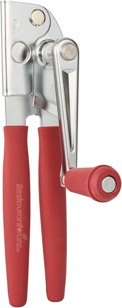 Restaurantware Stainless Steel Magnetic Manual Can Opener - German Standard Red Crank Can Opener with Magnet, Ergonomic Handles, Non-Slip - Heavy-Duty Hand Can Opener, Easy Turn, Sharp Blade