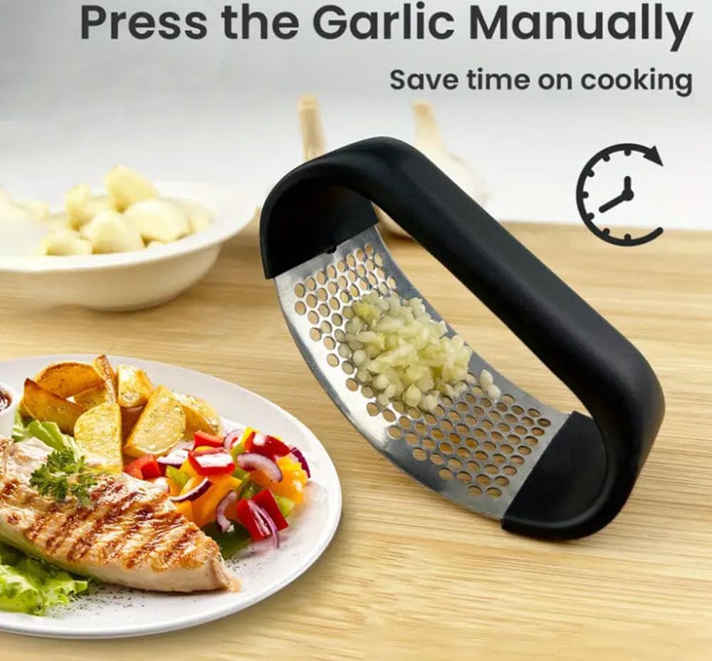 Stainless Steel Garlic Press Rocker, Kitchen Mincer with Ergonomic Handle, Easy Clean Crusher