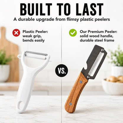 Premium Vegetable Peeler with Ergonomic Wooden Handle & Built-in Bottle Opener - Professional Stainless Steel Blade for Potato, Apple, Pumpkin - Multi-functional Kitchen Tool for Effortless Peeling