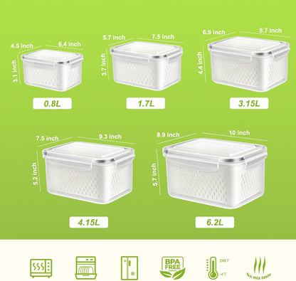 12 Pieces Fruit Storage Containers For Fridge, 6 Pack BPA-Free Fresh Food Containers with Removable Colanders and Airtight Lids, Fresh for Fruit Berry Produce Vegetable, Dishwasher & Microwave Safe