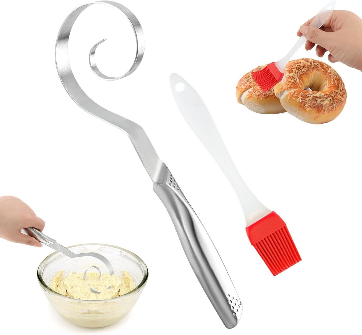 10" Stainless Steel Danish Dough Whisk - Dutch Bread Mixing Tool for Sourdough Pizza Dough Pastry Cake Batter - Dishwasher Safe