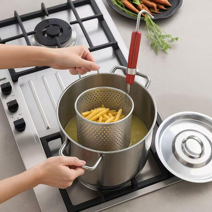 Mesh Pasta Basket Food Strainer Insert For Pot, Colander with Round Wooden Handle Stainless Steel Mesh Spider Strainer for Pasta Noodles Dumpling Vegetable