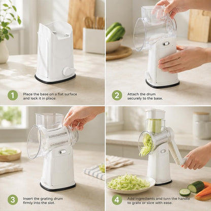 Rotary Cheese Grater Hand Crank, 5 In 1 Shredder with Handle, Vegetable Slicer Mandoline Food Chopper, Strong Suction Base Kitchen Gadget for Cheese Vegetables Nuts – White