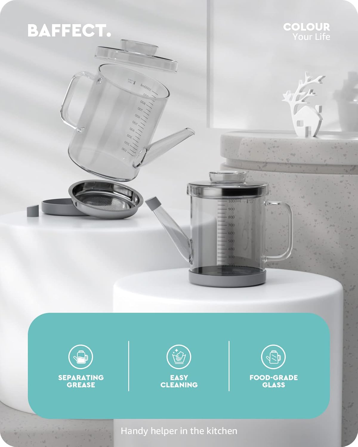 Baffect Glass Fat Separator, Bacon Grease Container with Strainer, Frying Oil Storage Can for Cooking (1L /4 Cups)