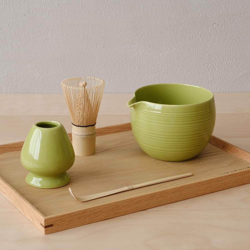 Matcha Whisk Set, Ceramic Matcha Bowl & Whisk Holder, Bamboo Accessory, Modern Design (Matte Crème, Pouring Spout) (Matte Crème)