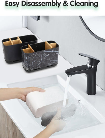 GFWARE Toothbrush Holders for Bathrooms, 5 Slots Bamboo Toothbrush Holder Kids Electric Toothbrush Holder and Toothpaste Holder for Bathroom Countertop Accessories Storage, Marble Toothbrush Organizer
