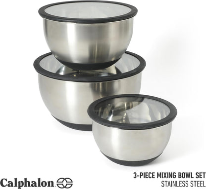 Calphalon Orbit 3 Piece Mixing Bowl Set with Acacia Wood Lids, Nesting Kitchen Mixing Bowls for Baking, Cooking, Meal Prep and Food Storage, Durable Design with Airtight Style Covers