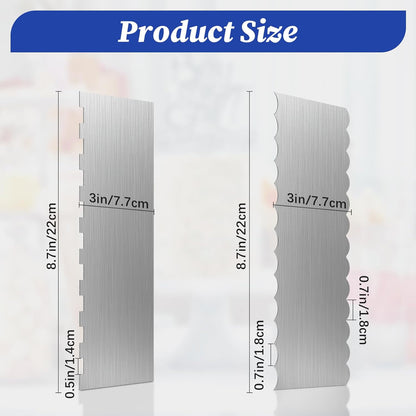 2 Pcs Stainless Steel Cake Scraper, 8.6-inch Double Sided Patterned Edge Stripe Edge Smoother Scraper, Cake Decorating Comb Metal Cake Scraper for Butter Mousse Cream Decoration