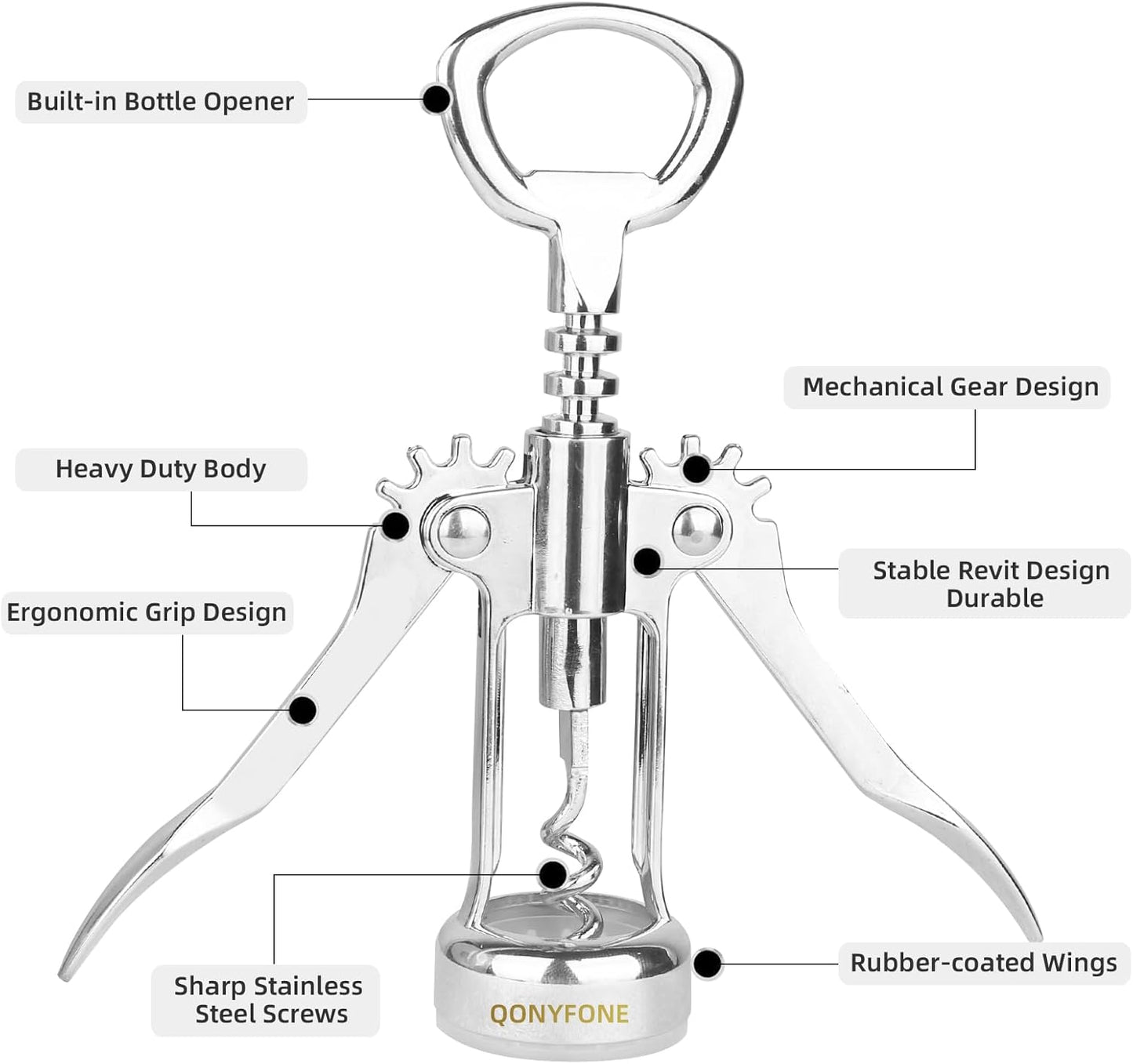 Wing Corkscrew Wine Opener, Premium Zinc Alloy Manual Bottle Opener, Heavy Duty Multifunctional Tool for Kitchen, Bar, Restaurant & Waiters (Silver)