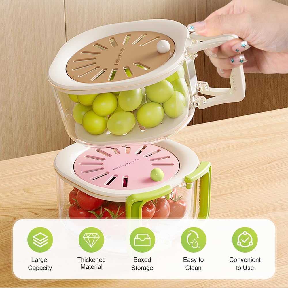 Multifunctional Fruit Washing Bowl with Strainer, 2026 Upgraded 2-in-1 Draining and Preservation Basket, Fruit Drainer Container with Foldable Handle (Blue)