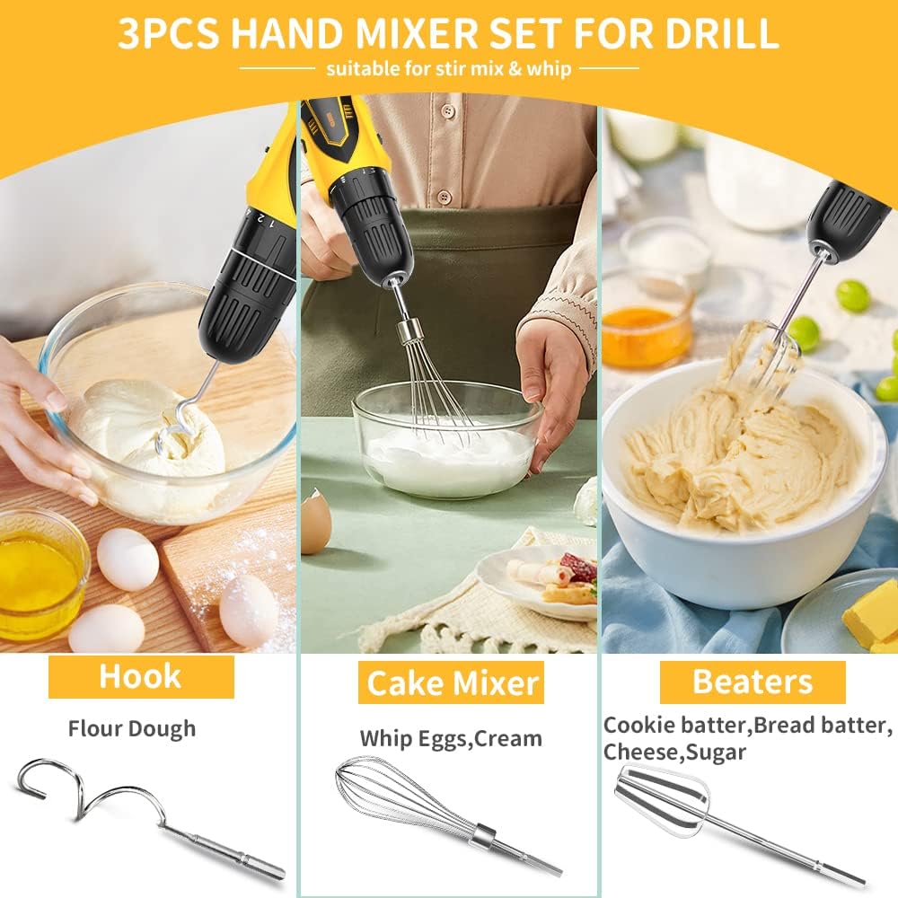 homicozy 3-Piece Stainless Steel Hand Mixer Attachment Set - Whisk, Dough Hook, Egg Beater for Drills - Dishwasher Safe, 9.8 Inch (Drill Not Included) (9.8inch)
