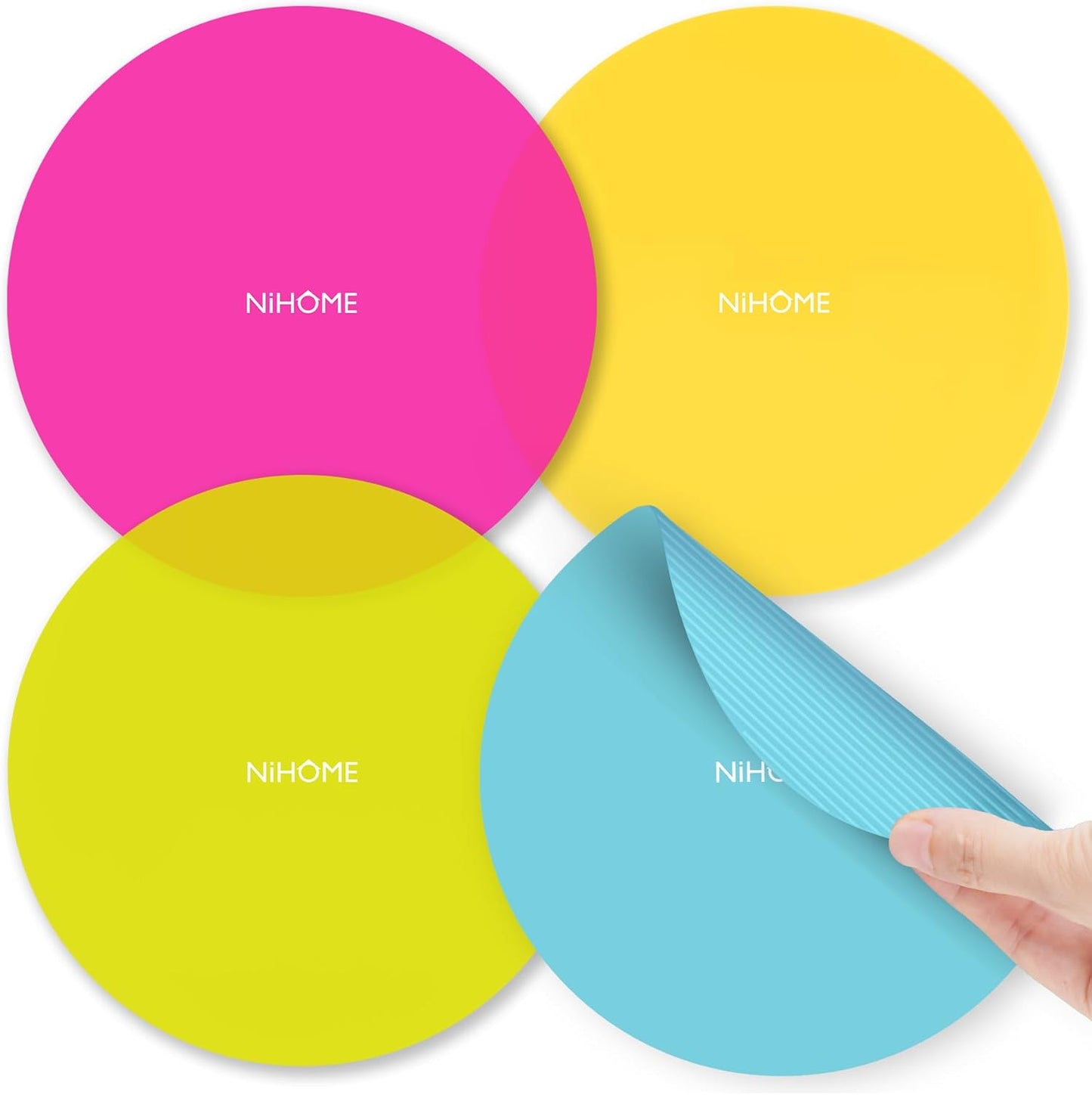 NIHOME Silicone Jar Opener – 6 Inch Large Anti-Slip Grip Pads, Premium 100% Food-Grade Silicone, Stylish Designer Colors, Multi-Purpose Heat-Resistant Mat & Coaster, Set of 4