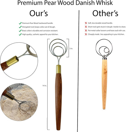 Danish Dough Whisk for Sourdough - 14” Stainless Steel Dough Mixer, Premium Wood Handle - Dutch Whisk for Bread, Bread Making Tools