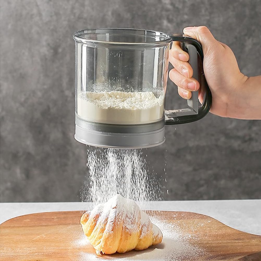 Flour Sifter for Baking, Plastic Flour Sifter, Double layer Flours Sieve with Hand Press Design, Handheld Powder Sifters Fine Mesh Kitchen Cooking Sieve Tools for Cooking(COLOR:Transparent Green)