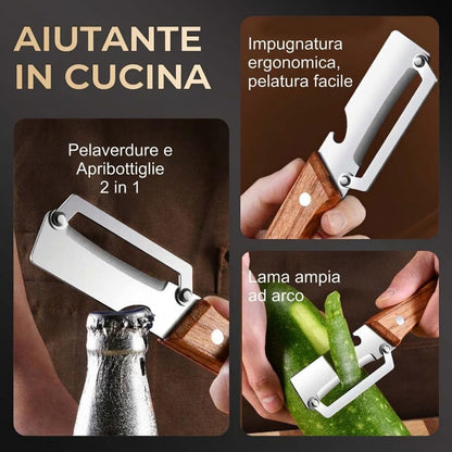 Multi-Functional Vegetable Peeler, 2026 Ultra-Sharp Stainless Steel Blade with Wooden Handle and Bottle Opener, Contour-Flow for Kitchen Prep, Camping, Apple Potato Pumpkin Papaya Peeling (2)