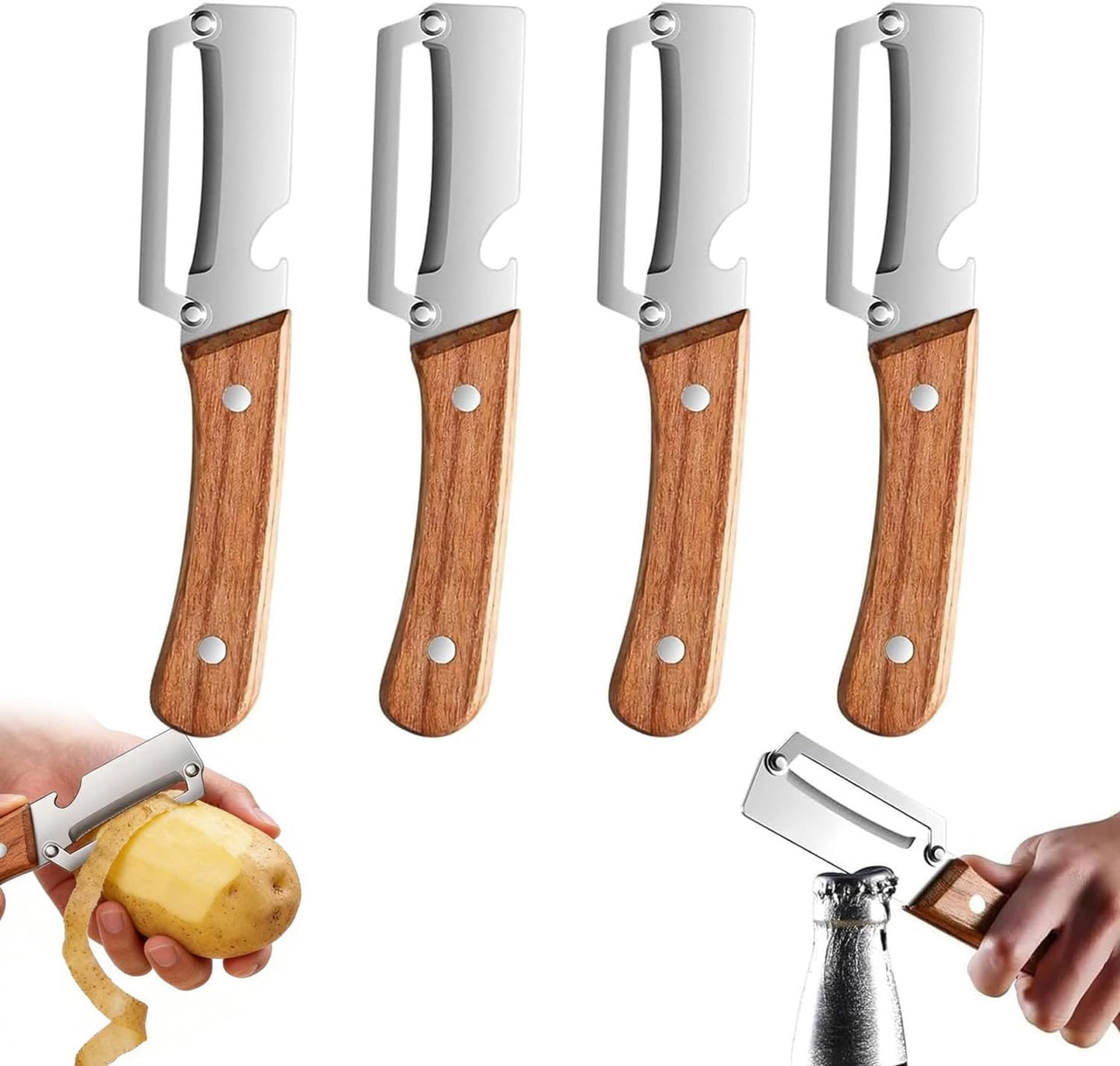 2PCS Multifunctional Vegetable Peeler for Kitchen,2-in-1 Stainless Steel Peeler Kitchen Tool with Wooden Handle and Bottle Opener for Fruit Apple Potato Pumpkin Papaya