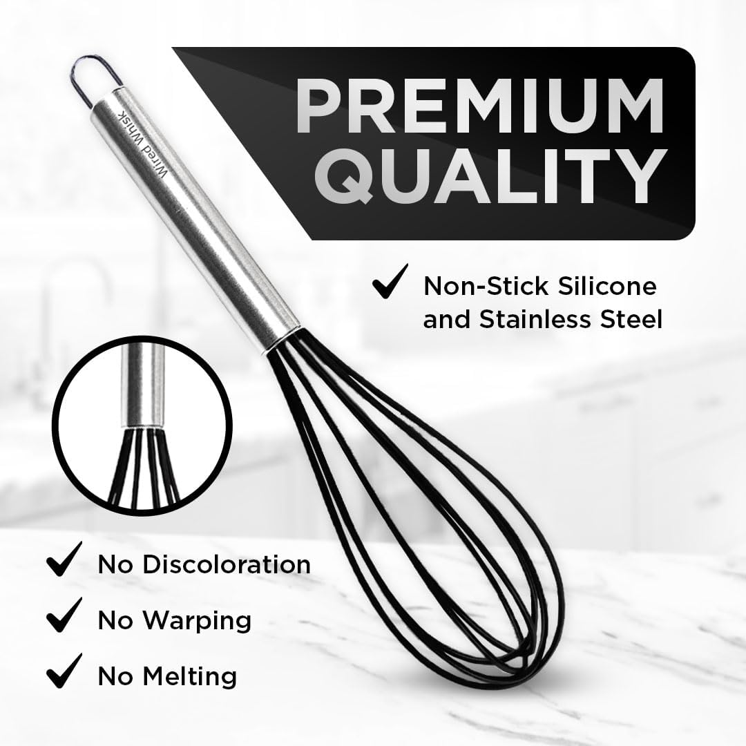 Silicone Whisk Set of 3 - wire whisk for Cooking Non-Scratch - whisks for cooking - Hand Whisk - whisker tool - wisking tool stainless
