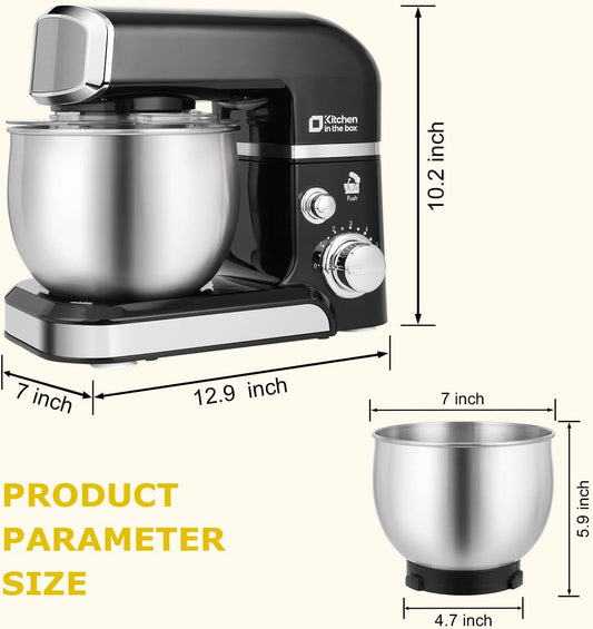 Kitchen in the box Stand Mixer,3.2Qt Small Electric Food Mixer,6 Speeds Portable Lightweight Kitchen Mixer for Daily Use with Egg Whisk,Dough Hook,Flat Beater (Black)