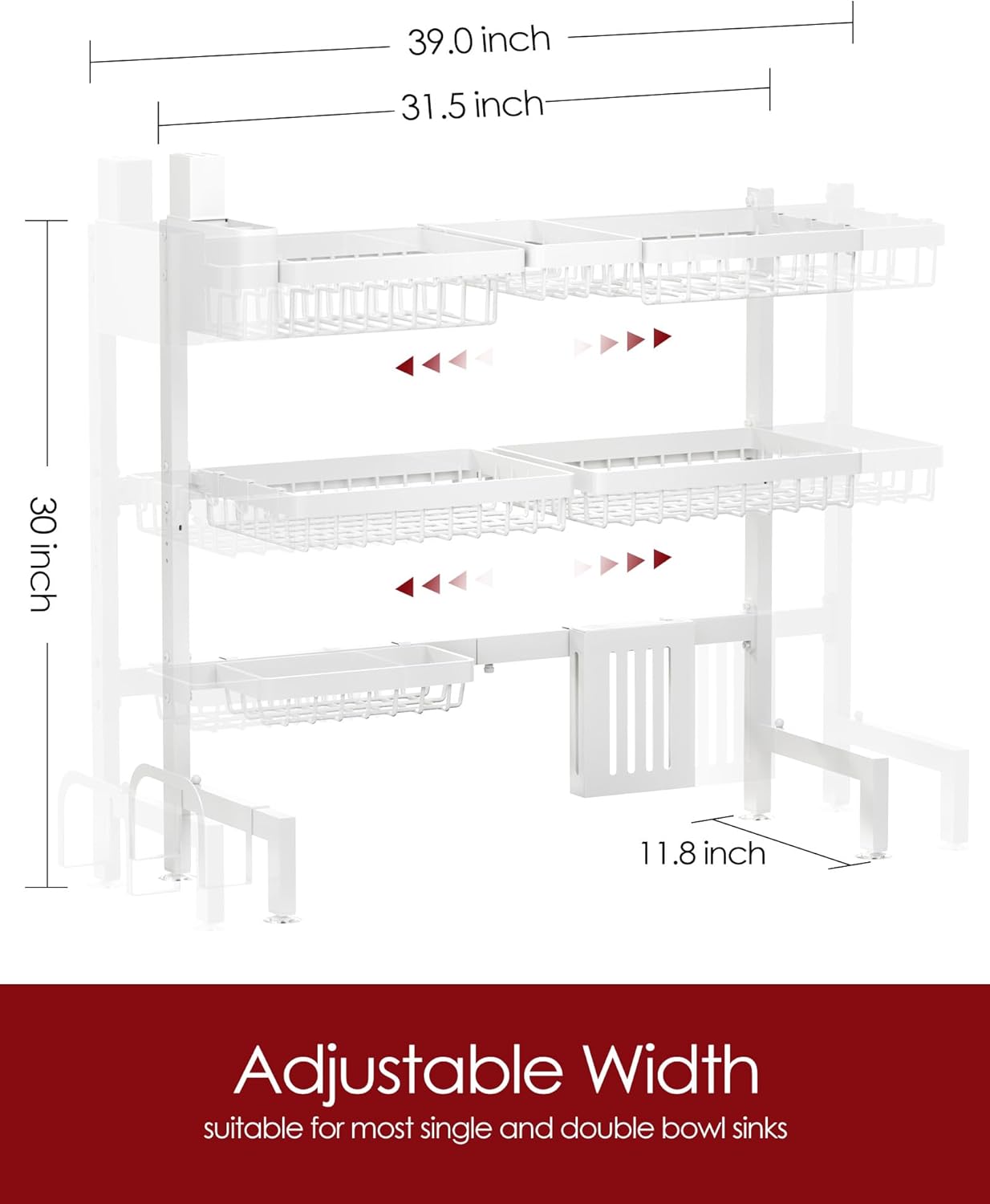 Sakugi Over The Sink Dish Drying Rack, Expandable 2-Tier Stainless Steel Kitchen Storage Organization Accessories for Countertop, Rustproof & Space-Saving, 30"–34.5" L x 12" W x 25" H, Black