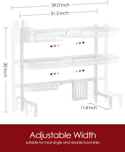 Sakugi Over The Sink Dish Drying Rack, Expandable 2-Tier Stainless Steel Kitchen Storage Organization Accessories for Countertop, Rustproof & Space-Saving, 30"–34.5" L x 12" W x 25" H, Black