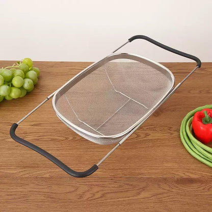 NikLye Stainless Steel Over the Sink Colander Basket with Expandable Handles, 6 Quart Fine Mesh Strainer for Pasta, Vegetables and Rice