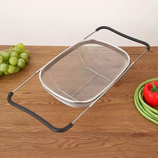 NikLye Stainless Steel Over the Sink Colander Basket with Expandable Handles, 6 Quart Fine Mesh Strainer for Pasta, Vegetables and Rice